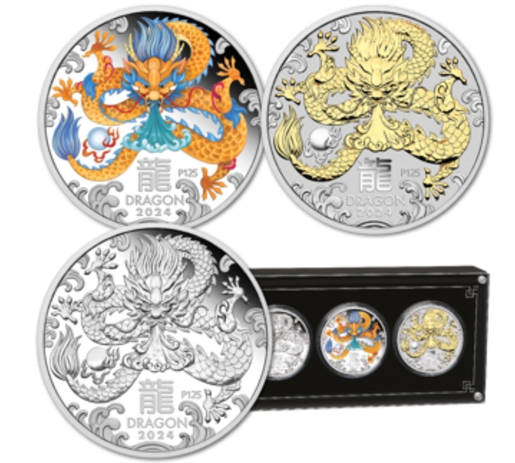 Set strieb.mincí 3 oz-Lunárna séria III. -Rok draka 2024

