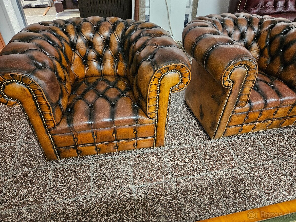 Chesterfield štýl,kožená 3+1+1+stolík,farba western