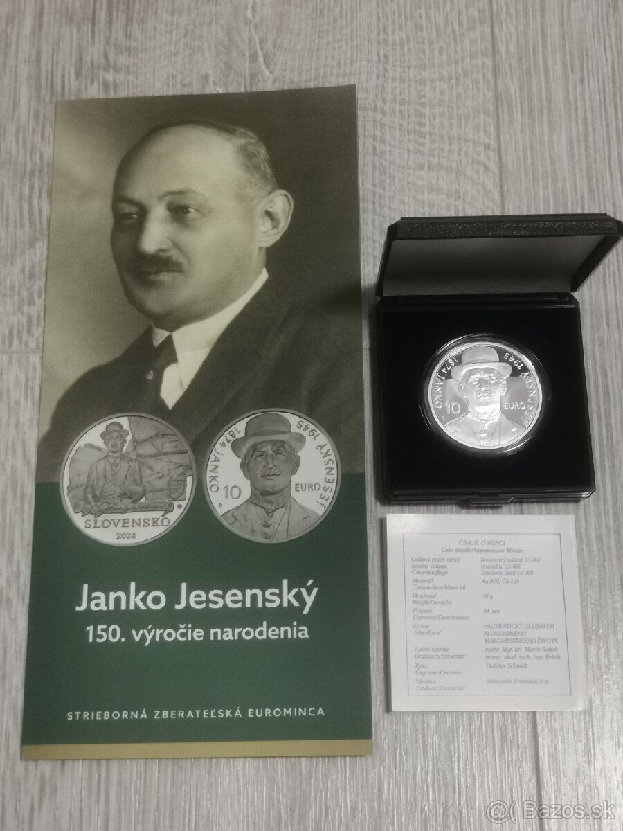 Strieborná 10€ minca Janko Jesenský PROOF