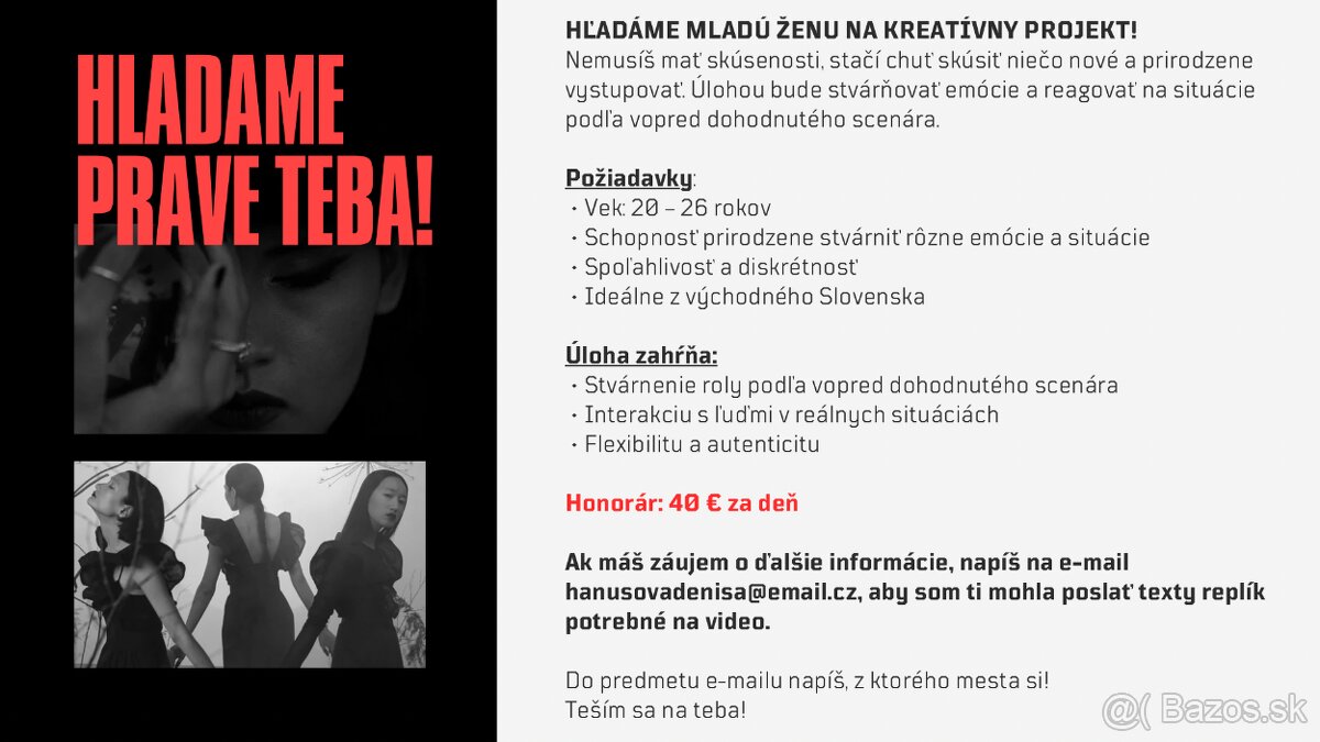 HĽADÁME TALENTOVANÚ A SPOĽAHLIVÚ ŽENU NA KREATÍVNY PROJEKT