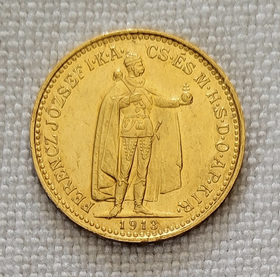 Zlatá uhorská 10 koruna FJI, 1913 kb, lepší ročník