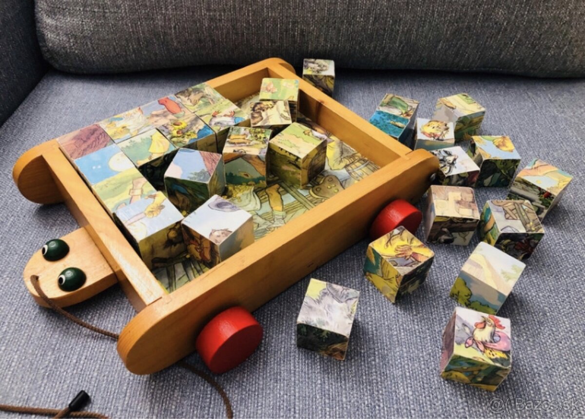 Drevené kocky DINO ako vozíček/6x puzzle/počítadlo