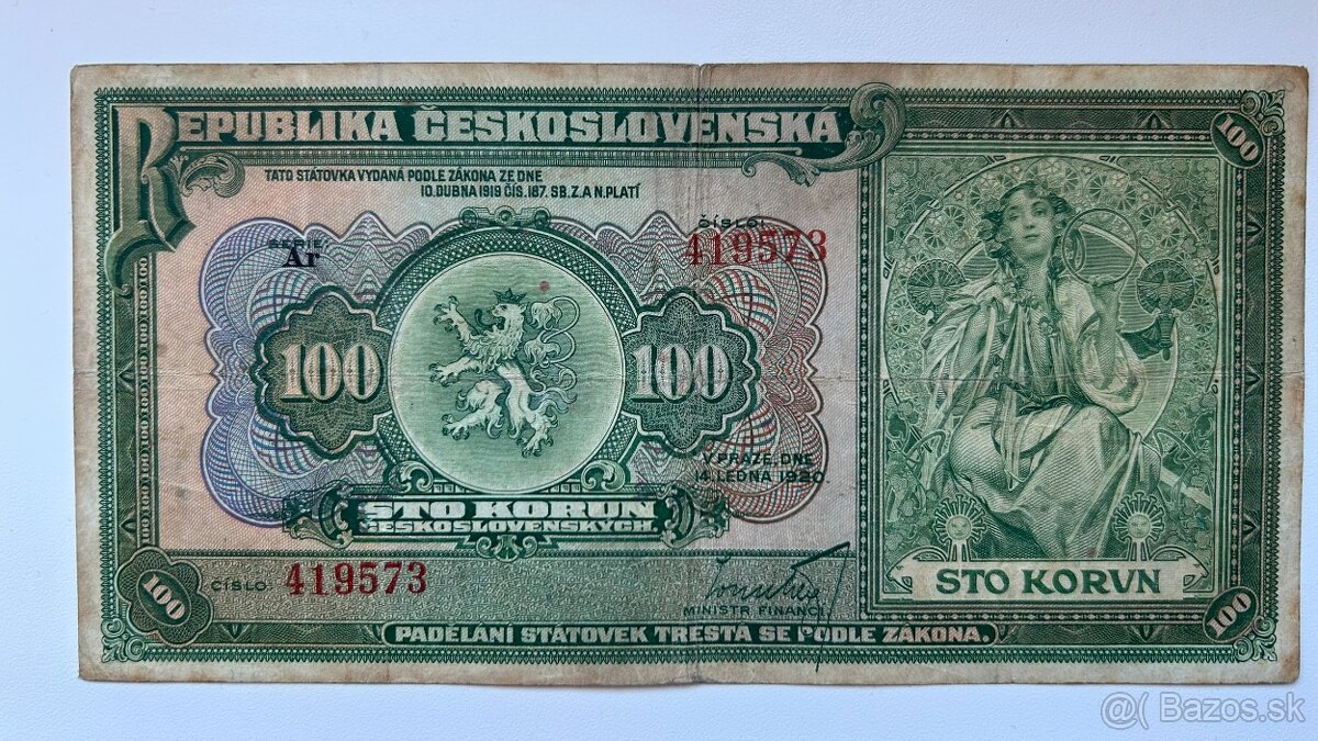 Bankovky 1.ČSR 100 Korun 1920 Ar krásna