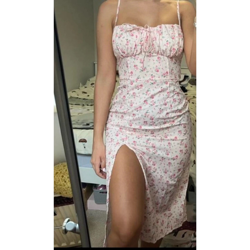 romanticke midi saty na rande baby pink kvetovane velkost S