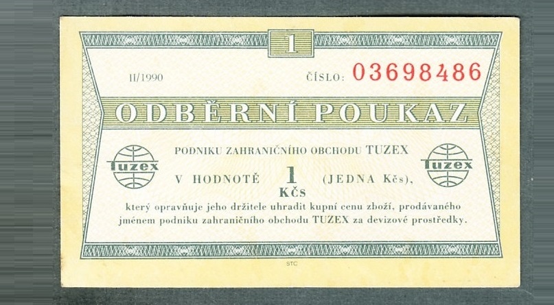 Staré bankovky TUZEX 1 kčs rok 1990  porevoluční