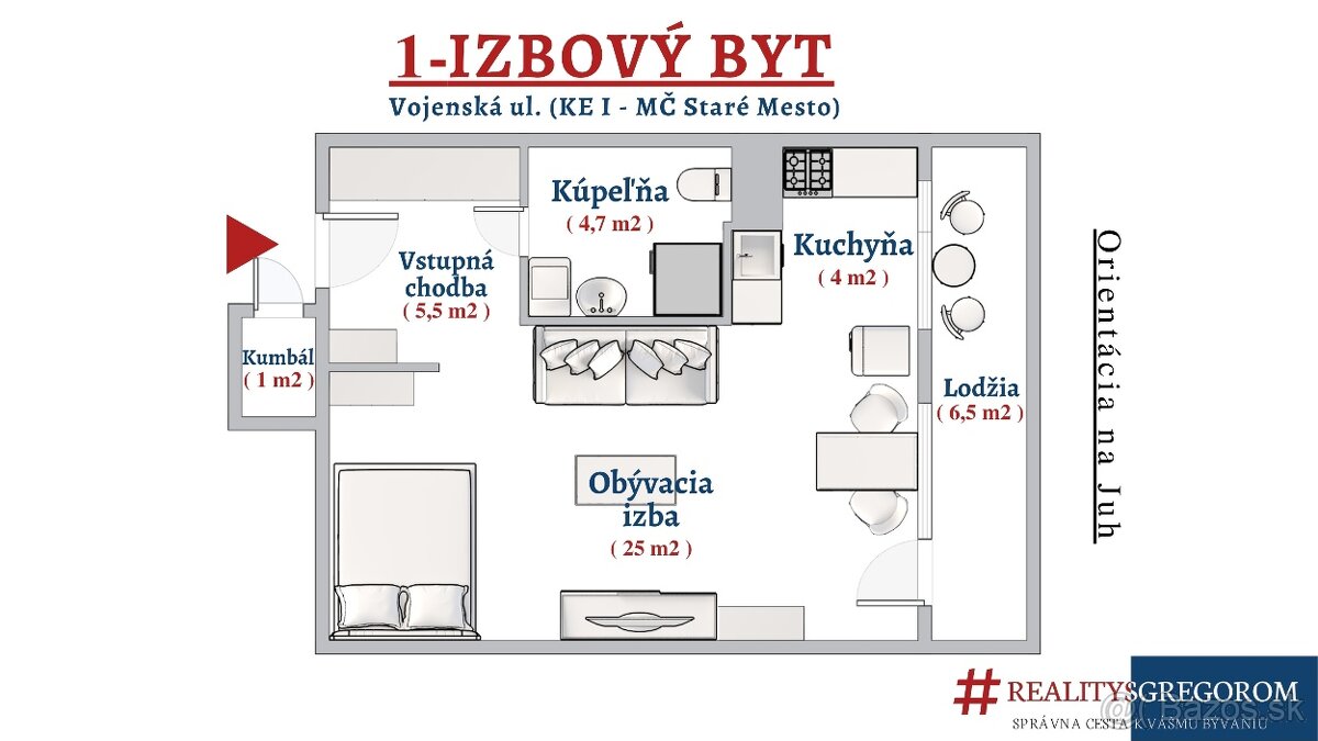 1-izb. byt, Vojenská ul., 42 m2, lodžia, na 1. pos., po ČR