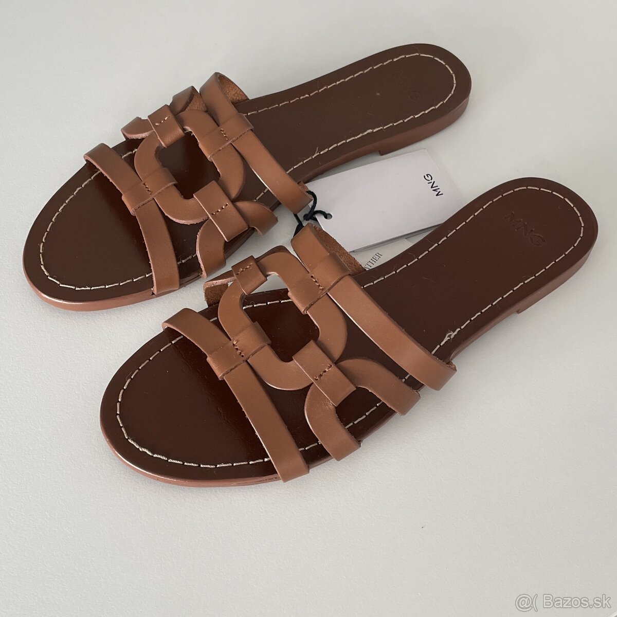 Mango Kožené koňakovo hnedé šľapky/sandále bez podpätku 37