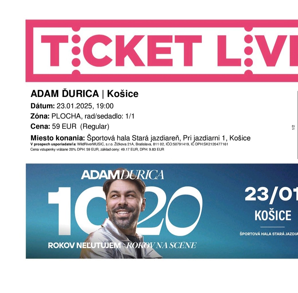 Predám DVA VIP LÍSTKY NA KONCERT ADAMA ĎURICU