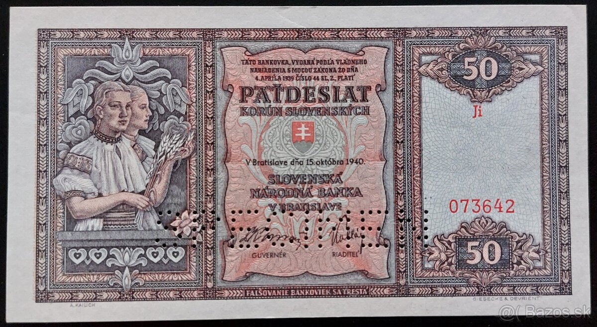 50 KORÚN SLOVENSKÝCH ROK 1940 - SŠ - PERFOROVANÁ