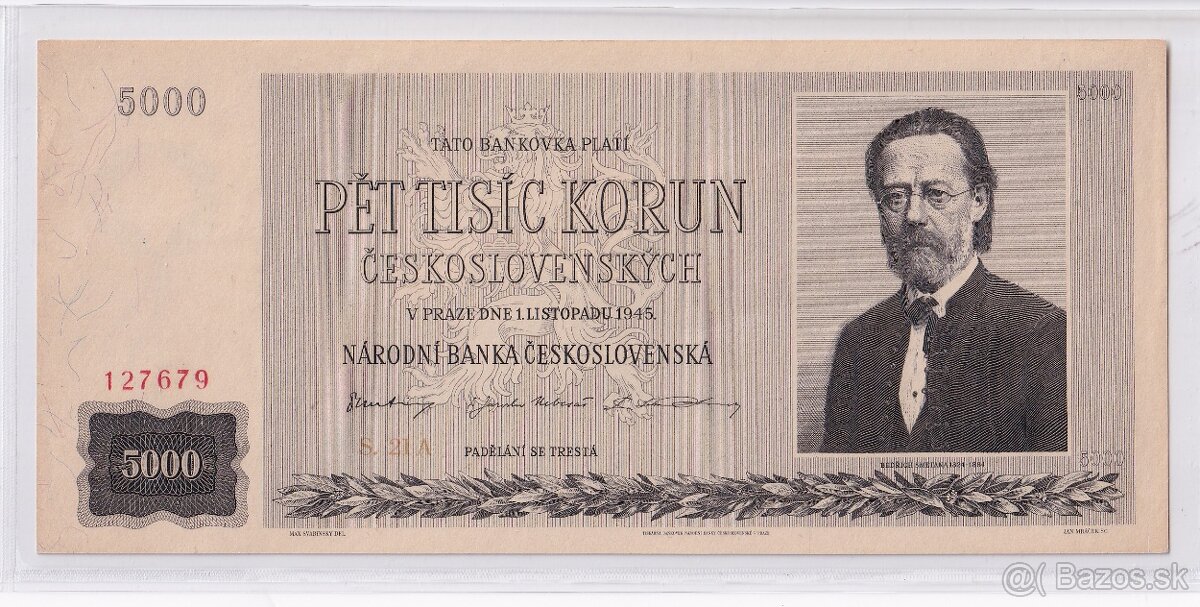 Československo bankovka 5000 Korún 1945 UNC