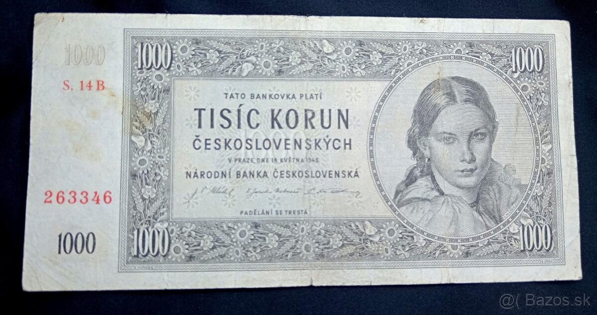 1000 koruna 1945 série 14.B Československo