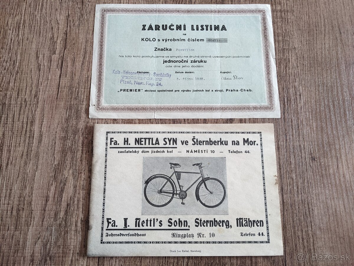 Prospekt NETTLA, záručný list Premier 1935, článok PWB 1959