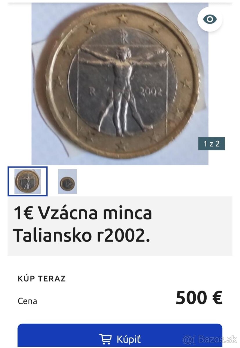 Predám vzácnu 1e Mincu Taliansko 2002