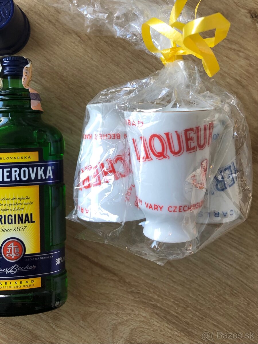 Retro porcelánové poháriky Becherovka a fľaša becherovka 10c