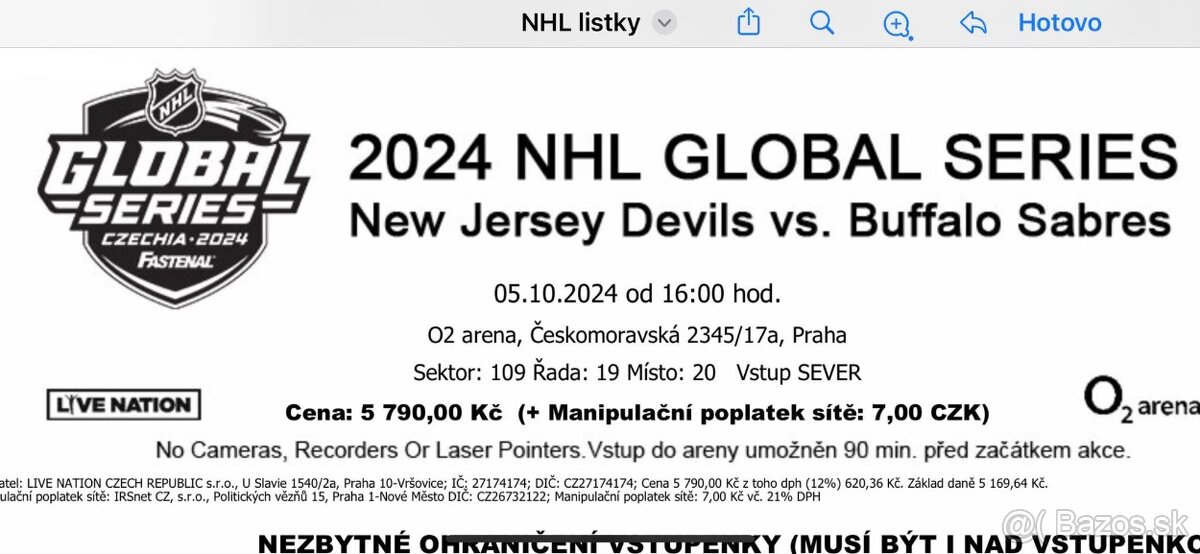 Lístky na NHL v Prahe 05.10.2024