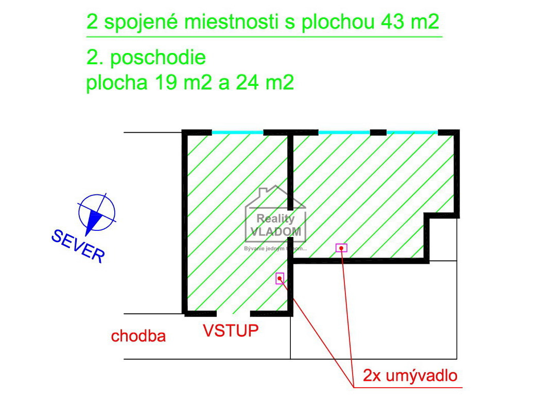 ▼ 2 miestnosti s klimatizáciou a umývadlom, plocha 43 m2.