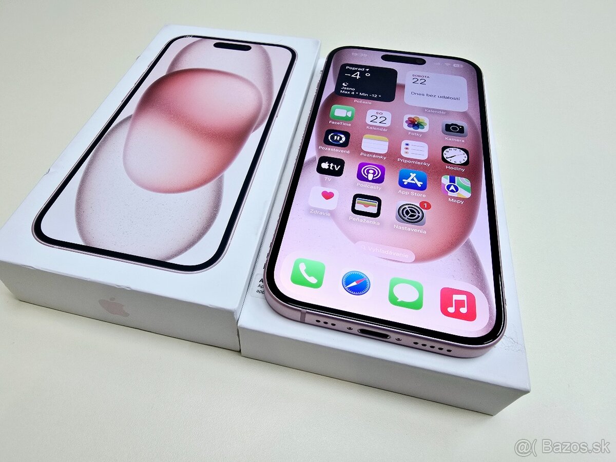 Apple iPhone 15 PINK128GB ,Top stav BATERKA 100%