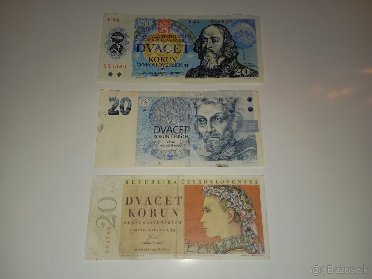 BANKOVKY 20 KČS 1949-1994, 3 RŮZNÉ EMISE, PĚKNÉ STAVY