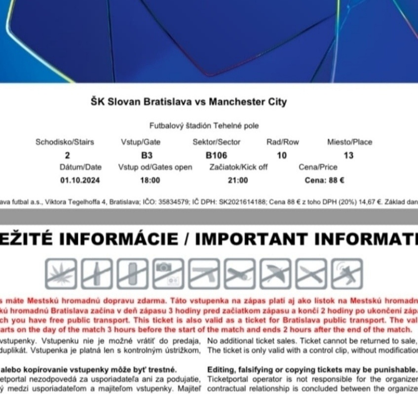 4x lístky - Slovan x Manchester City - B106