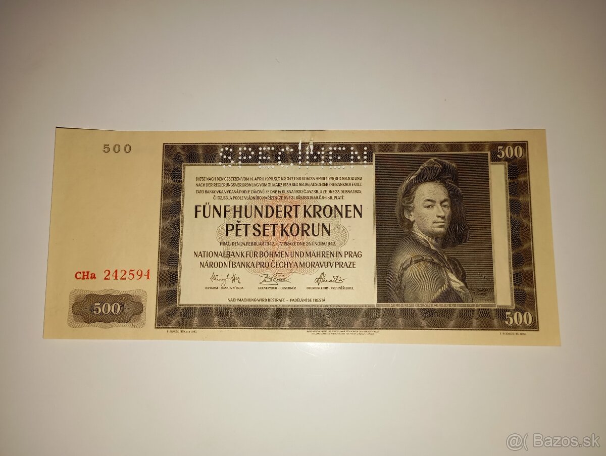 PROTEKTORÁTNÍ BANKOVKA 500 K, 1942, PERFORACE SPECIMEN