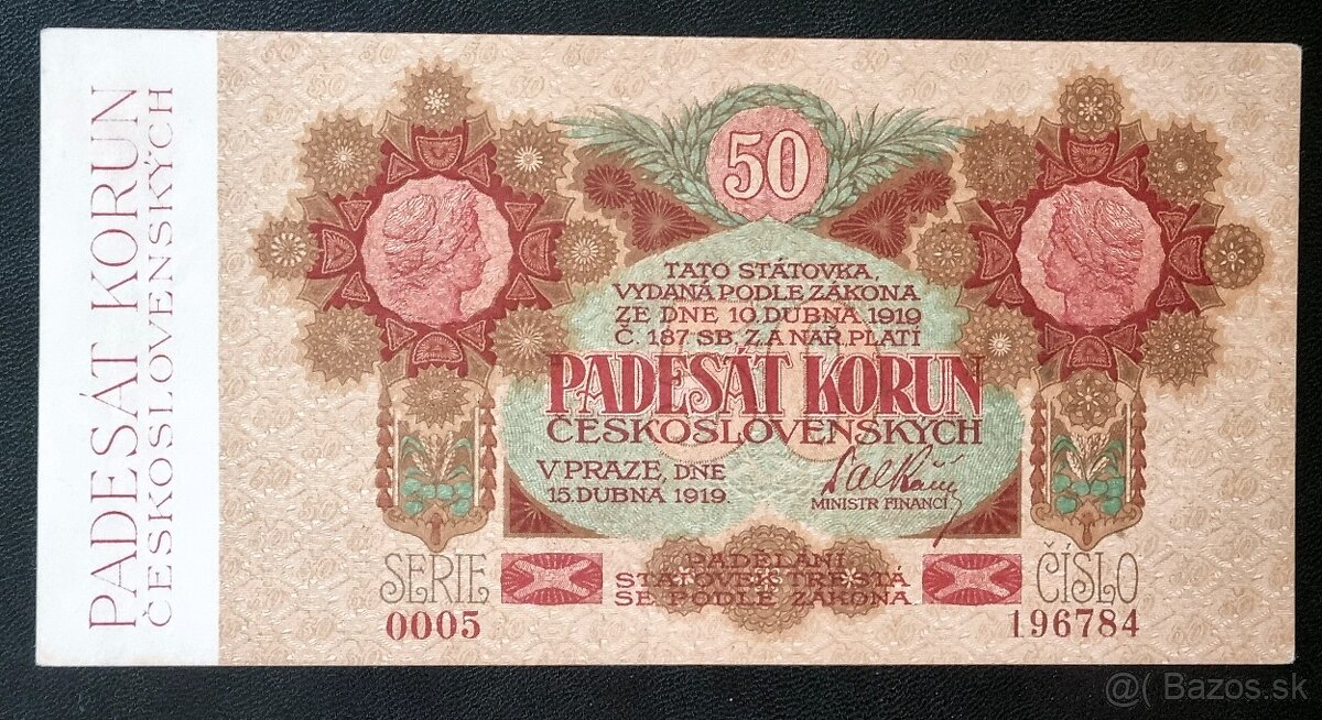 50 Kč 1919 séria 0005 , neperforovaná , stav 1