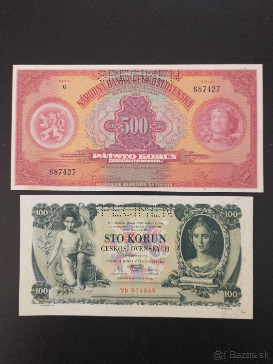 500Kč 1929, 100Kč 1931 SPECIMEN    UNC