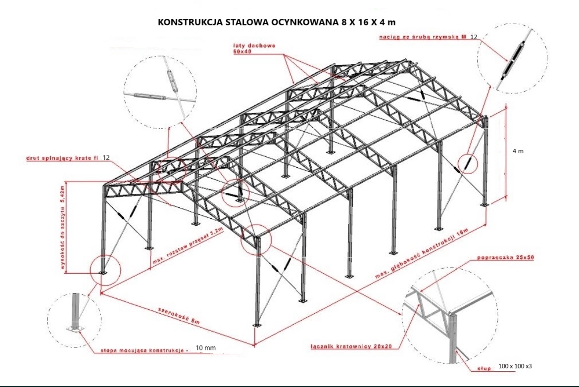 Oceľová konštrukcia haly 8x16x4 m Garáž Kôlňa