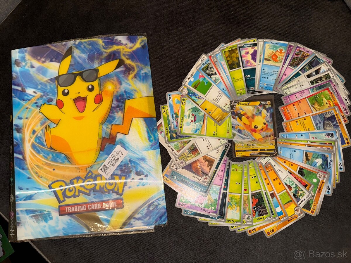 Pikachu album a 50 Pokémon originál kariet + silná V karta