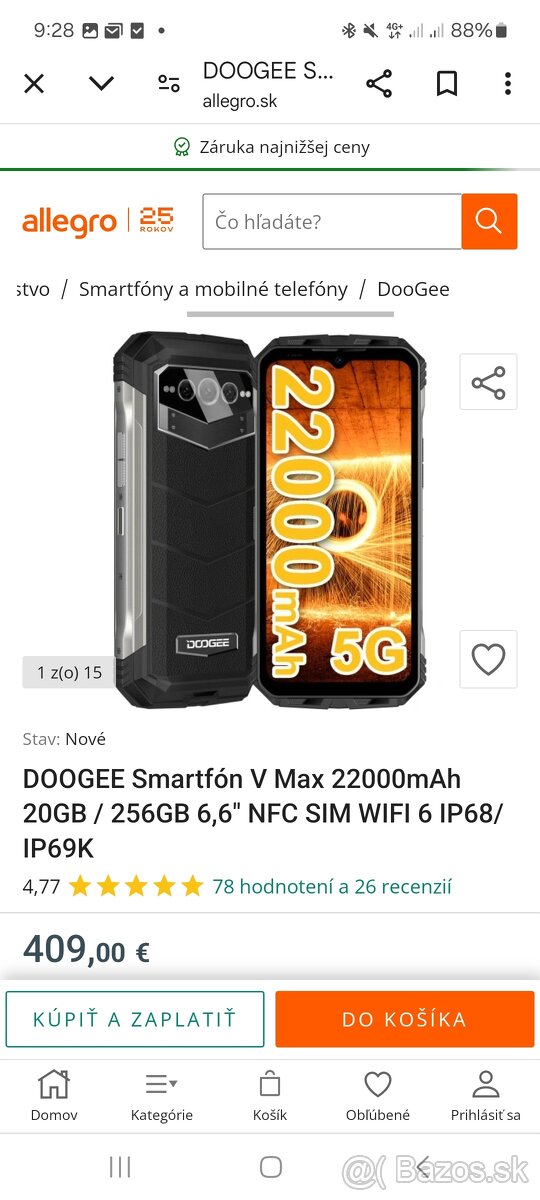 DOOGEE Smartfón V Max 22000mAh 20GB / 256GB 6,6" NFC SIM WIF