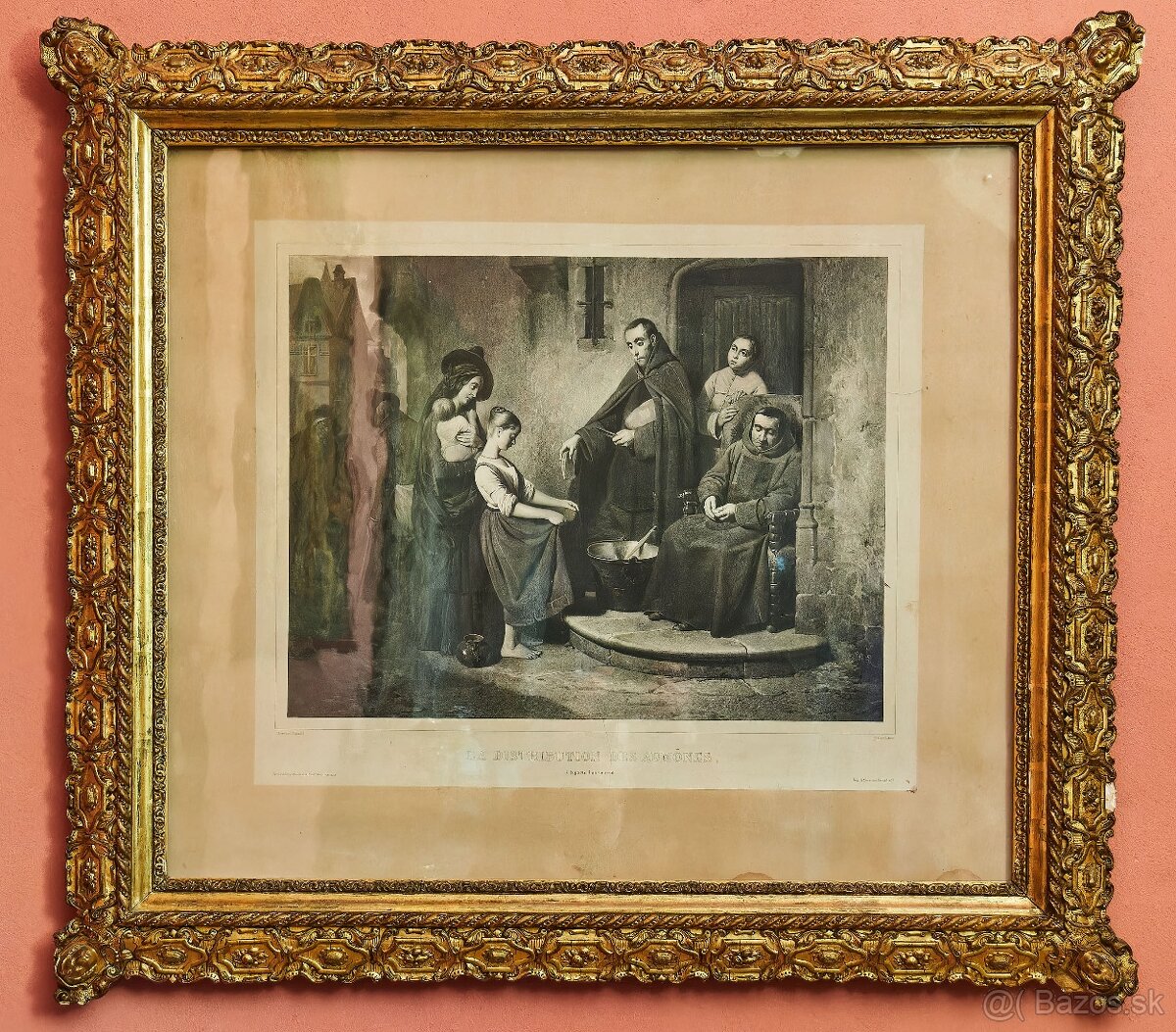 Rozdělování almužen - litografie v krásném rámu 92 X 103 cm