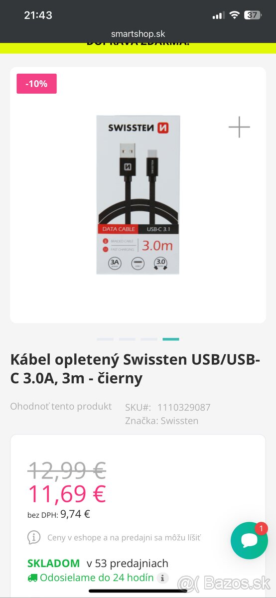 SWISSTEN USB A USB C kábel 3 m