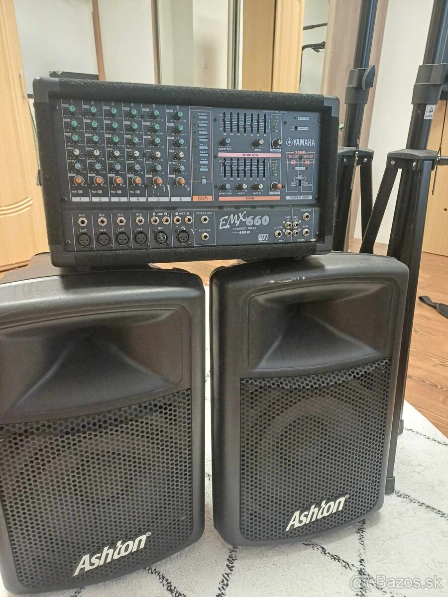 Mixážny + Zosilňovač Yamaha (2x300W)+ 2 x repro + 2x stojan