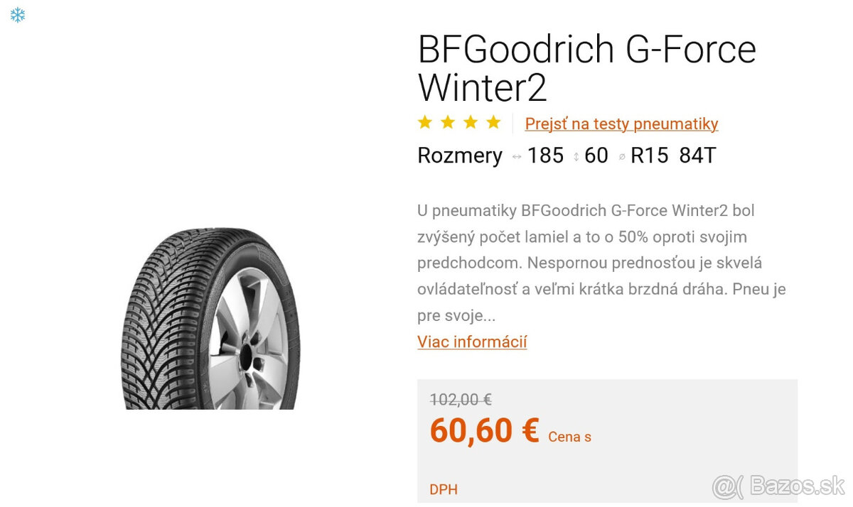 Predám sadu 4ks Zimné Pneu 185/60 R15 BFGOODRICH .