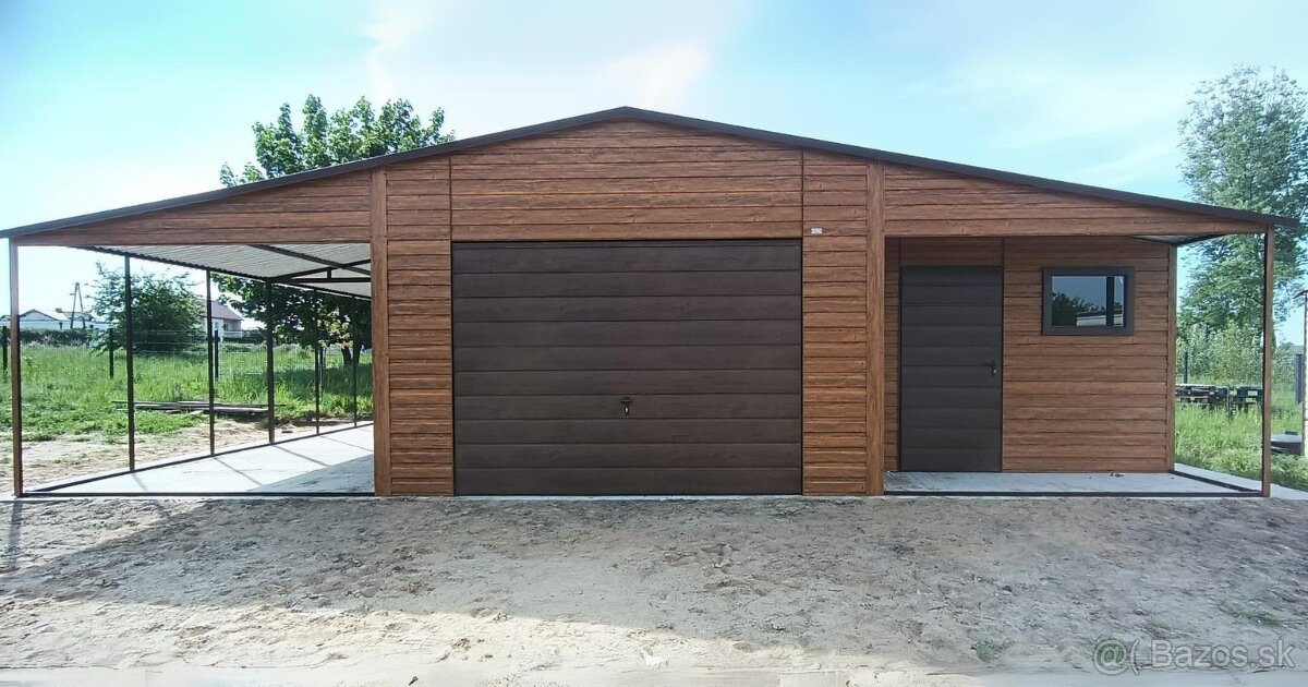 PLECHOVÁ GARÁŽ SE SKLADEM ZBOKU 7 x 6m +  Prístrešok 3 x 6m