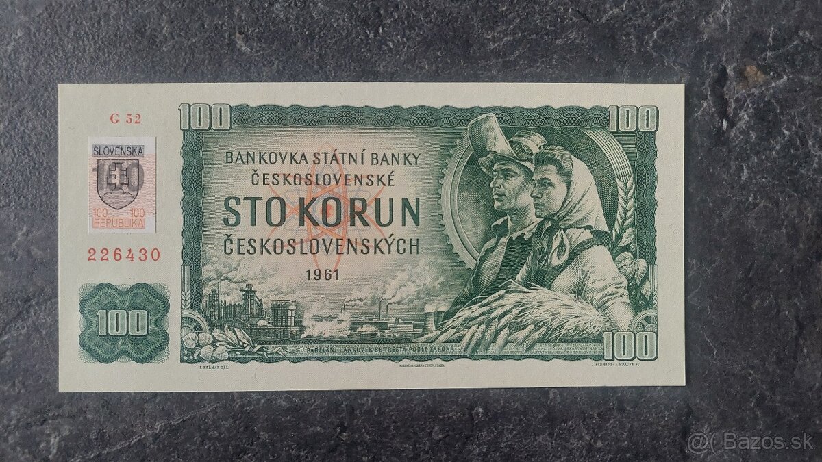 100 Kčs 1961 + SK kolok, stav N