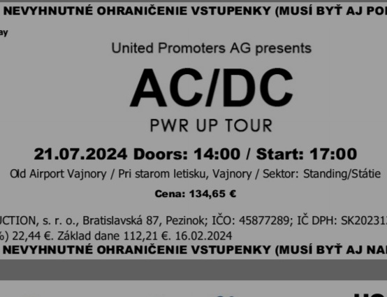 2 lístky na AC DC PWR UP TOUR