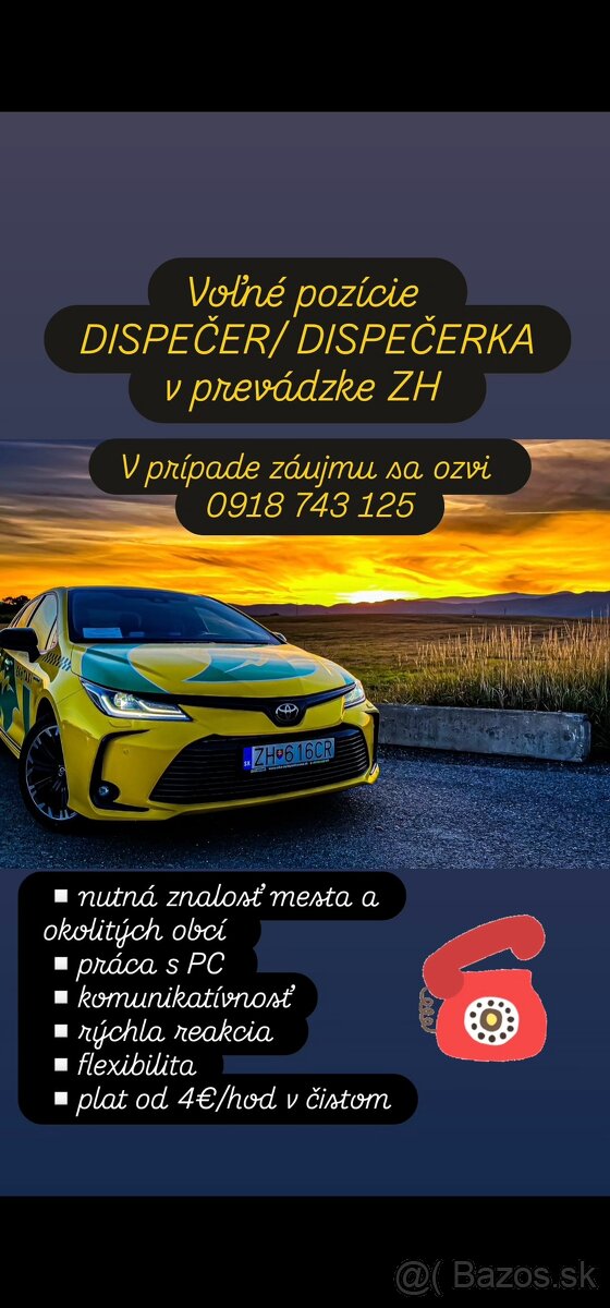 Pracovná ponuka DISPEČER  / DISPEČERKA pre taxislužbu