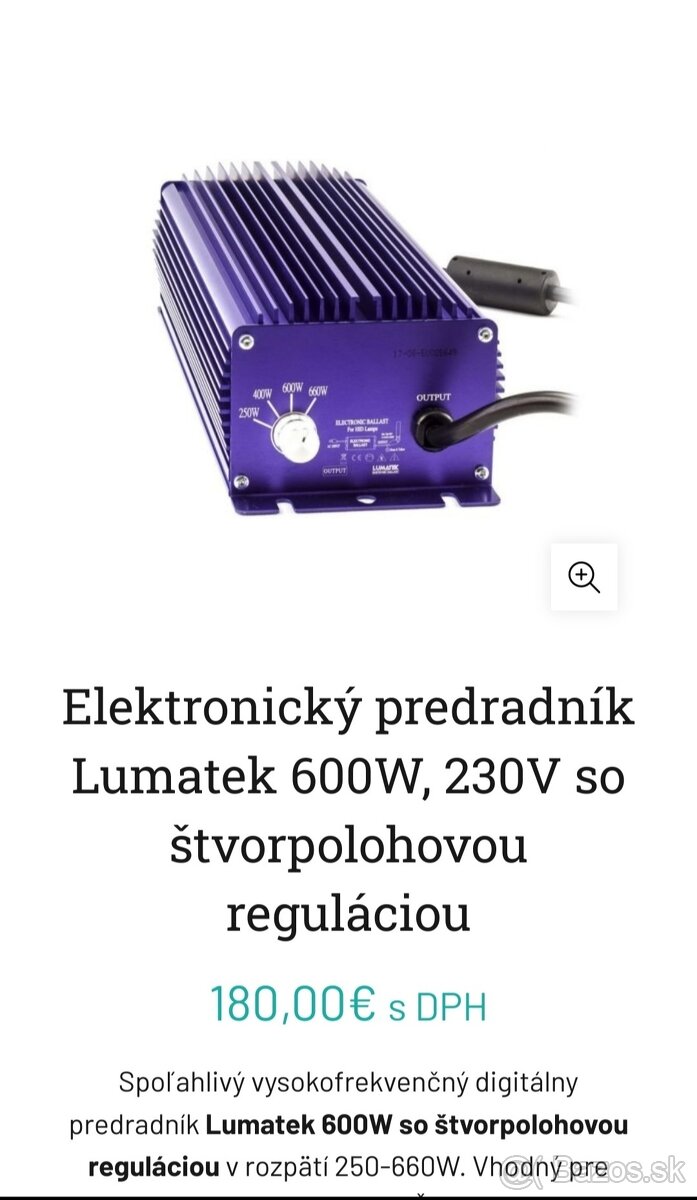 Elektronický predradník Lumatek 600W, 230V so štvorpolohovou