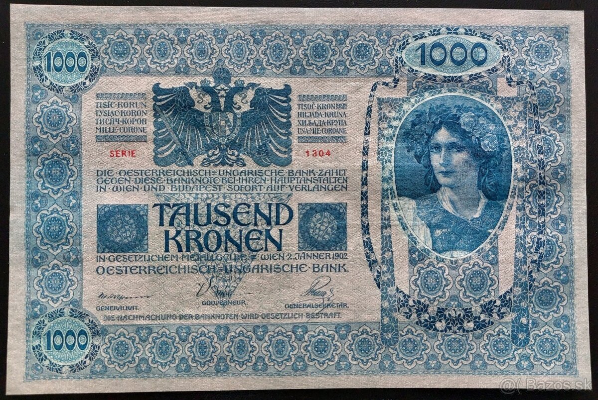 1000 KORÚN ROK 1902 RAKÚSKO-UHORSKO- ŠEDOZELENÝ PODTISK