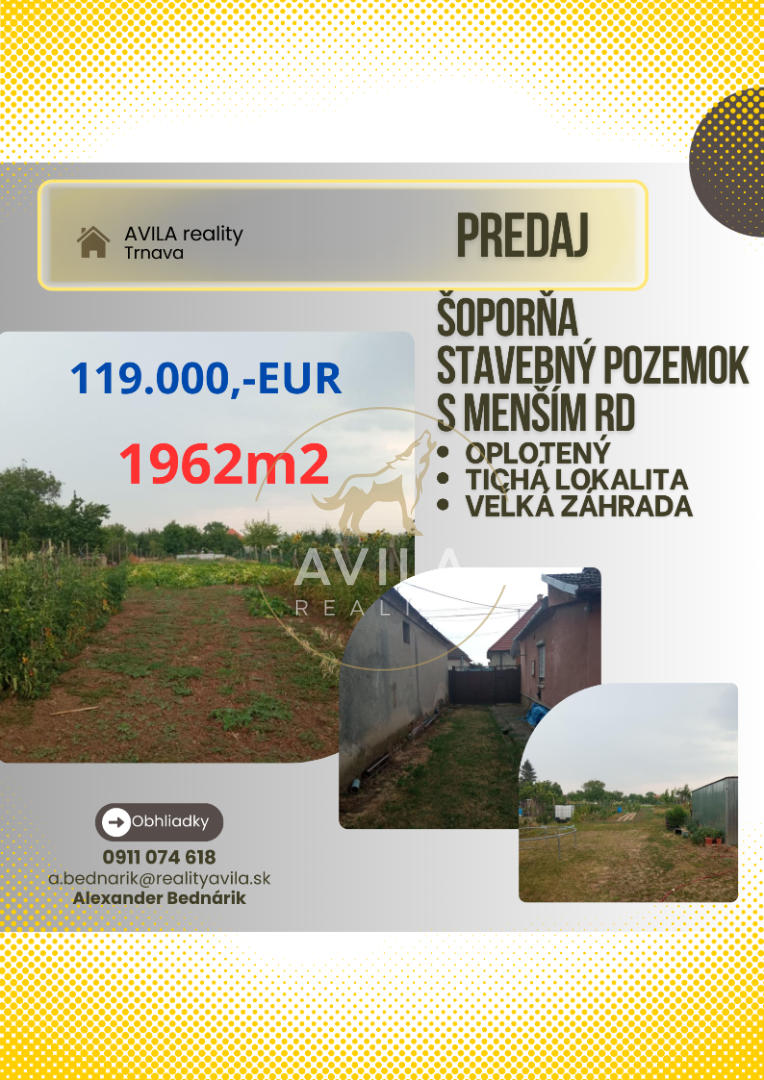 NA PREDAJ: stavebný pozemok 1962m2 s menším RD - Šoporňa