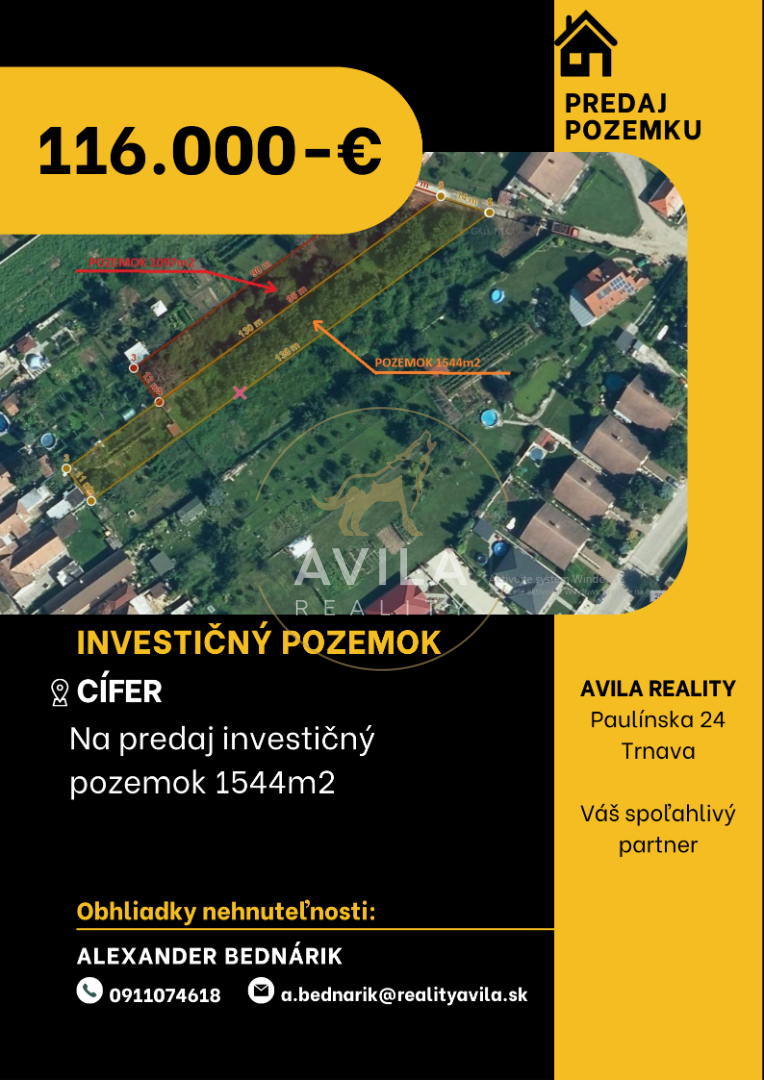 NA PREDAJ: investičný pozemok 1544m2 - Cífer