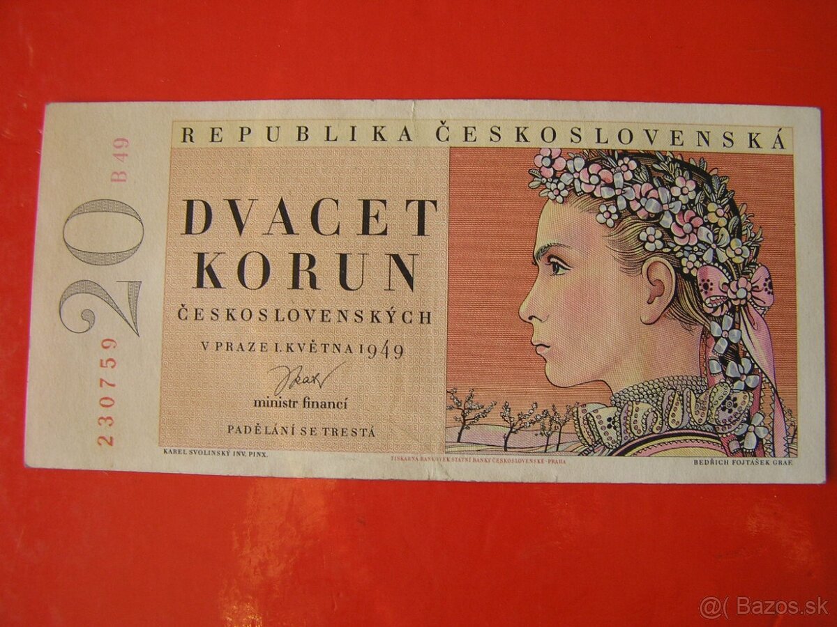 ČESKOSLOVENSKÉ BANKOVKY: 20-KORÚN-1949