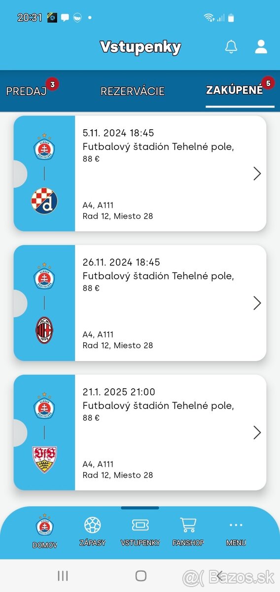 2 ks vstupenky- SK Slovan - Dinamo Zahreb - Liga majstrov