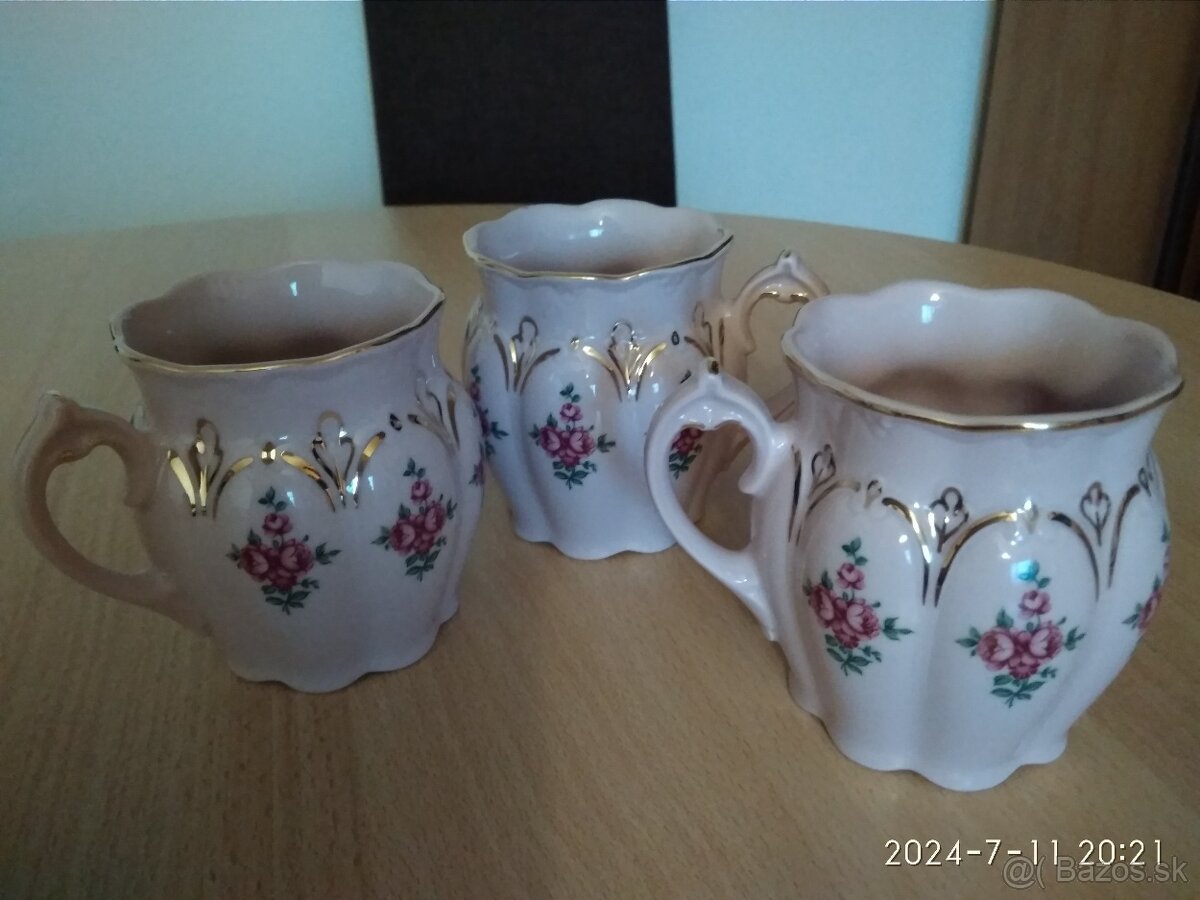 3x retro hrnky, růžový porcelán