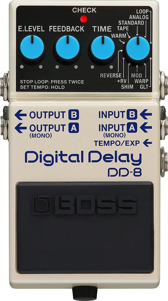 Delay BOSS DD-8, chorus BOSS CH-1 a overdrive BOSS SD-1