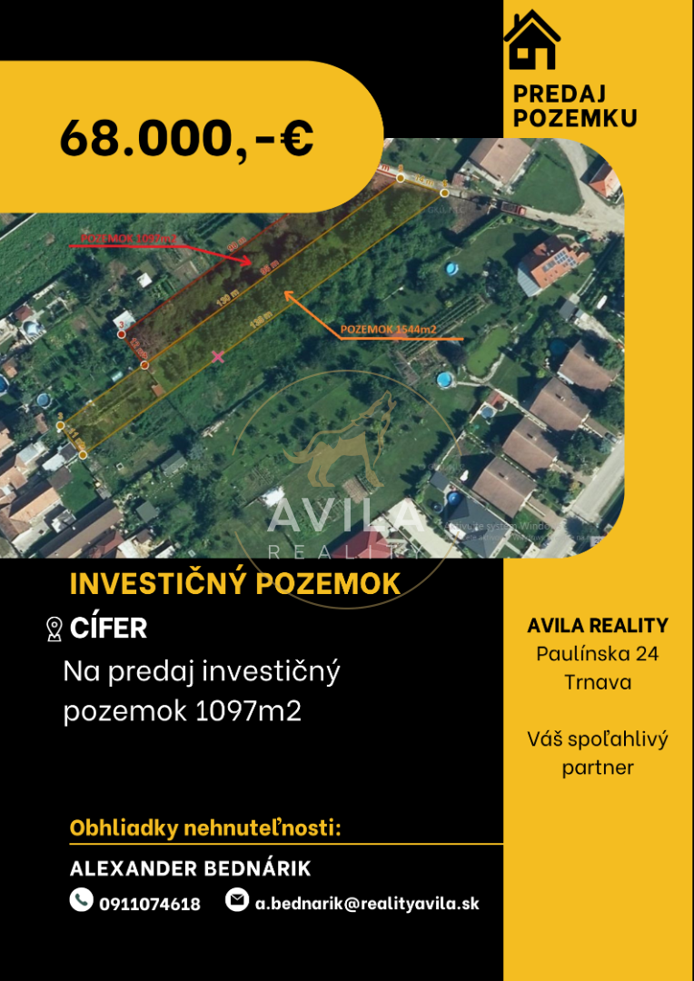 NA PREDAJ: investičný pozemok 1097m2 - Cífer