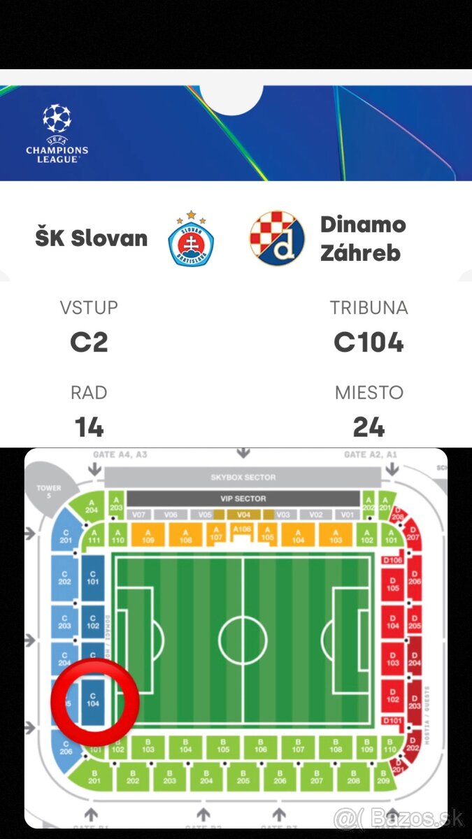 Vstupenku/lístok Slovan Bratislava vs Dinamo Zagreb