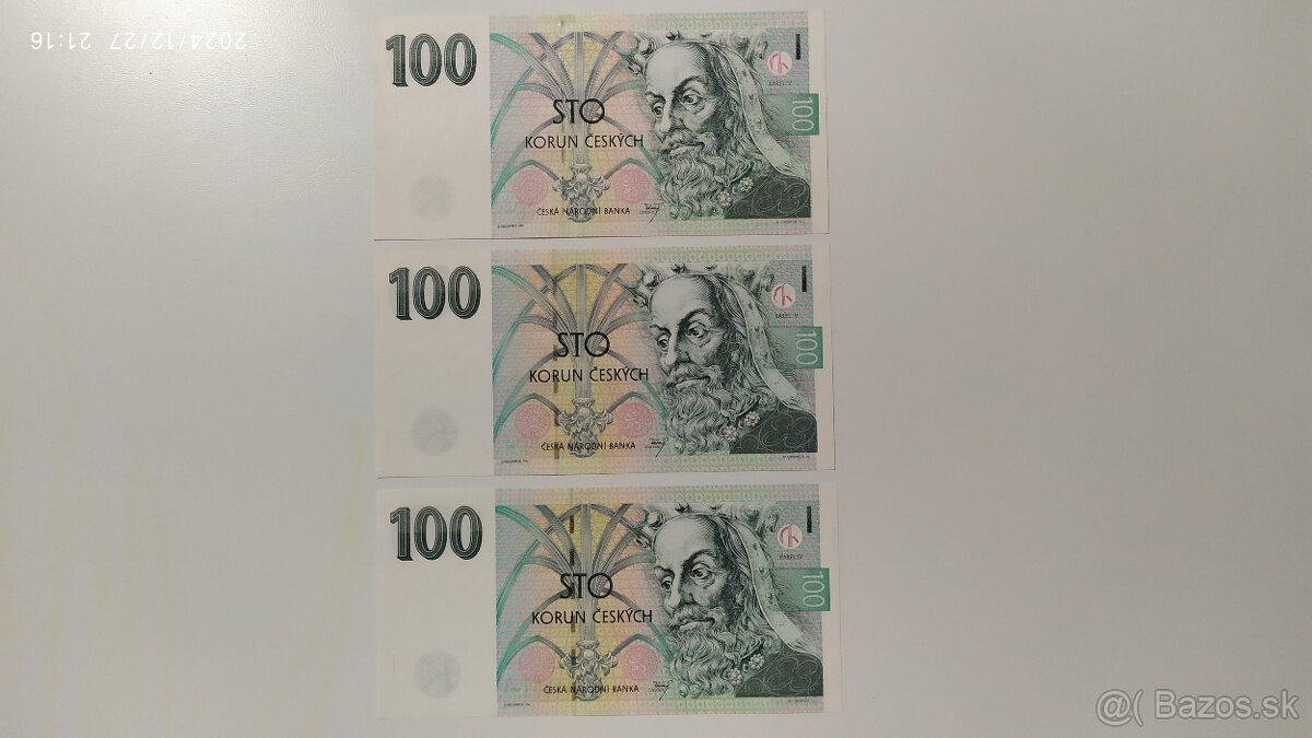 České bankovky 100Kčs 1997 UNC  s. F, G a H