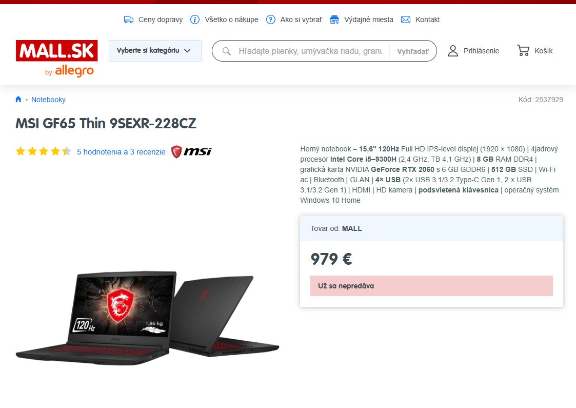 Herný MSI GF65, RTX 2060, i5-8300H, 16GB, ssd až 1,5 GB