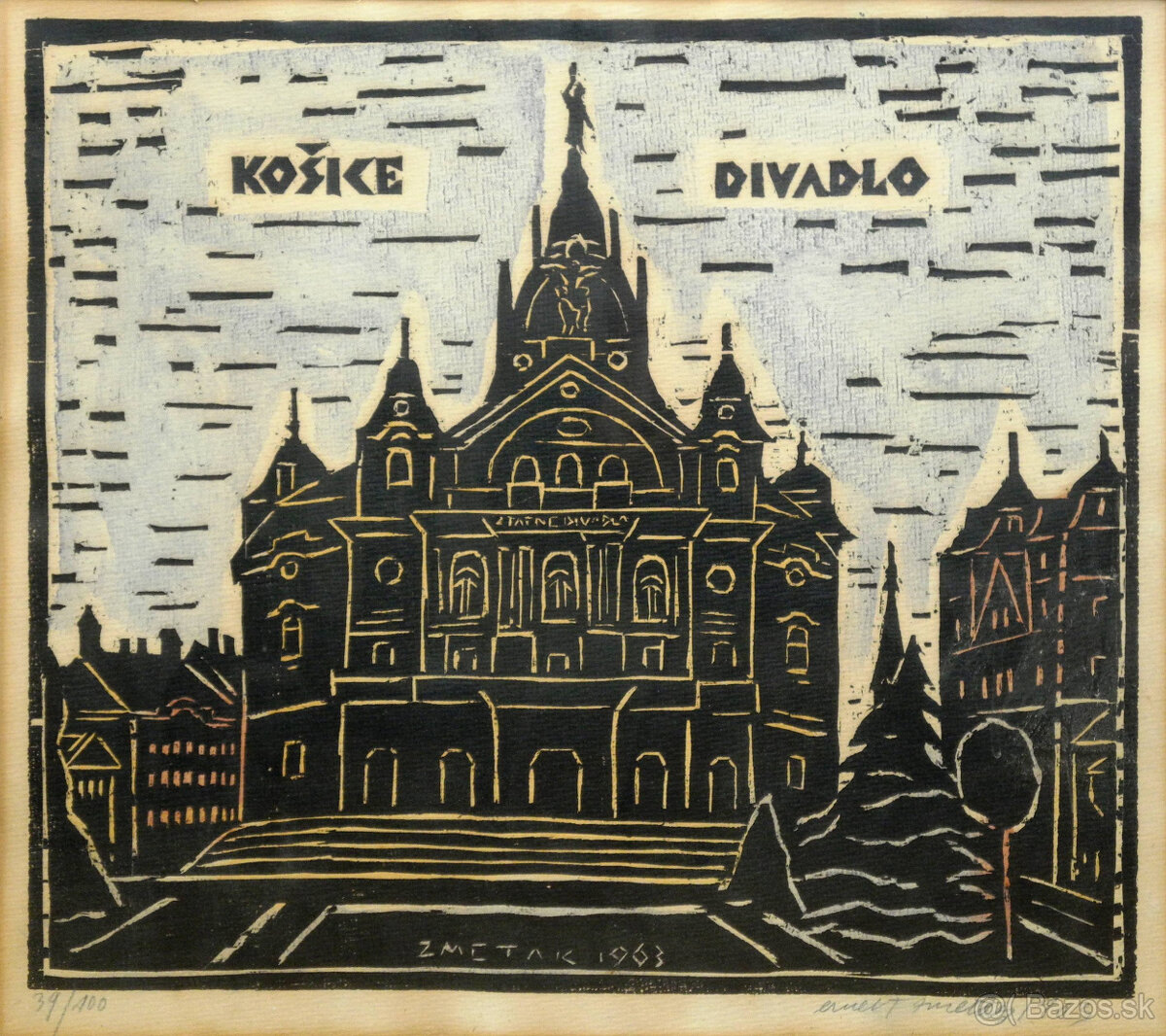 Zmeták Ernest, Košické divadlo, 1963, drevorez kolorovaný